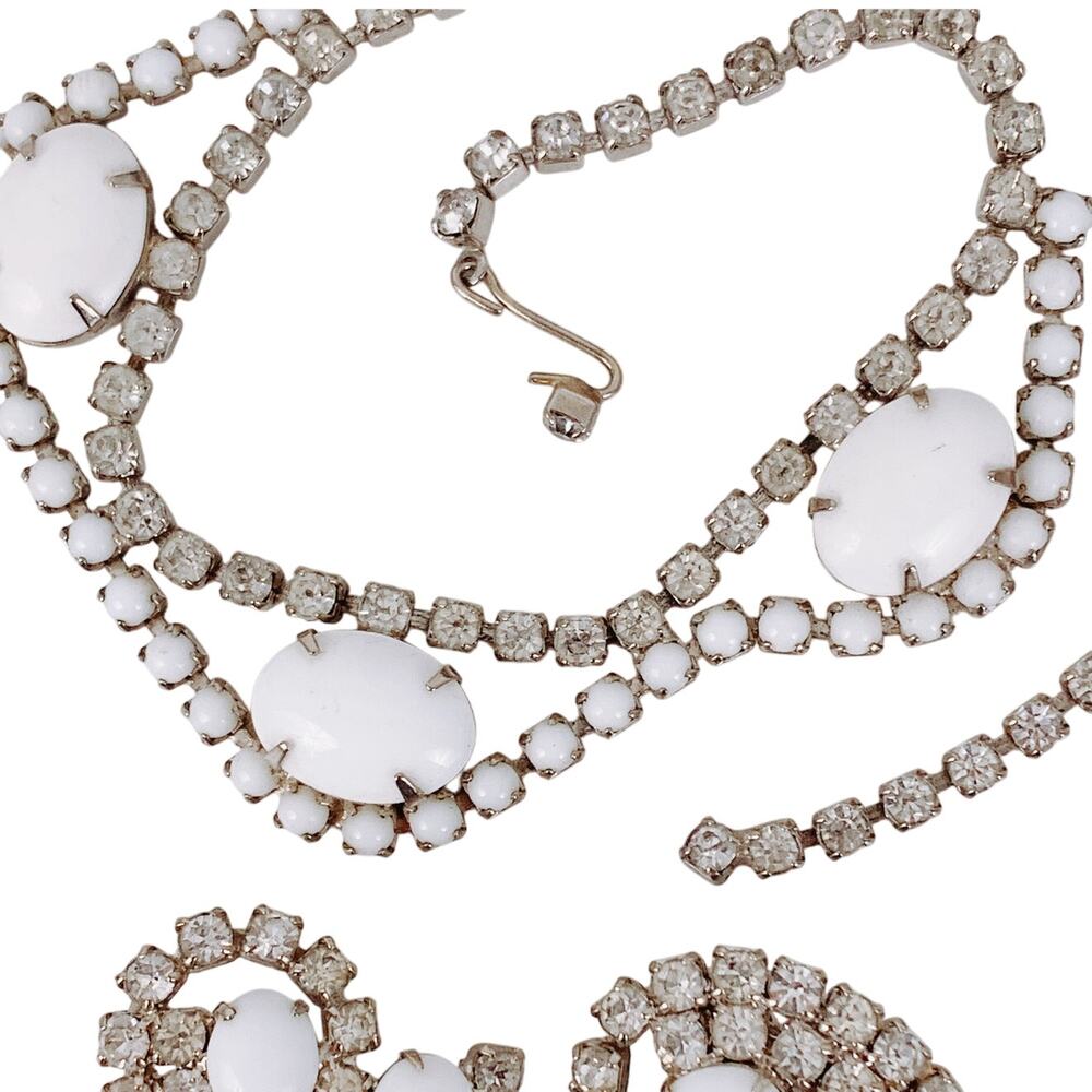 Vintage Mid Century Milk Glass Rhinestone Necklace Earring Set 1950s Jewelry